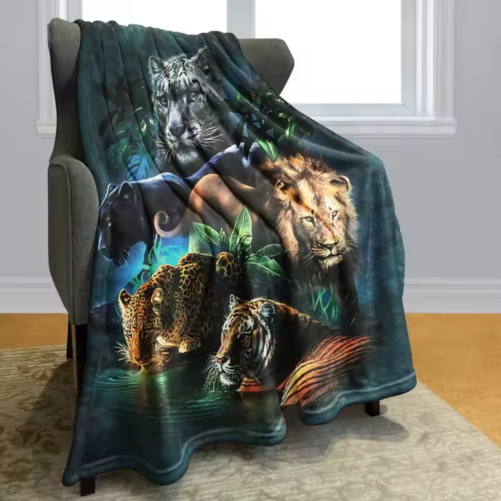 Manta de franela de animales de la selva, sofá cama de lana suave y esponjoso, tigre, leopardo, león - 1
