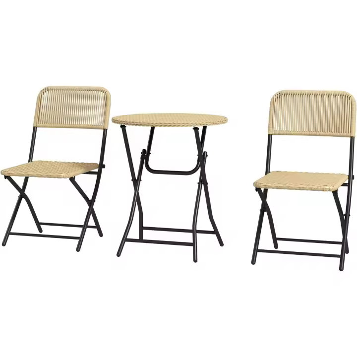 Conjunto de Mesa y Sillas de Jardín Exterior de Ratán Plegable Juego de 3 Piezas Muebles de Jardín con 2 Sillas y 1 Mesa de Centro Redonda para Terraza Balcón Natural - 1