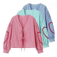 BUNO-Tops a cuadros para mujer, ropa y2k con cuello en V y corazón, blusa holgada de manga larga con lazo frontal abierto, ropa de calle de los años 2025 - details 1