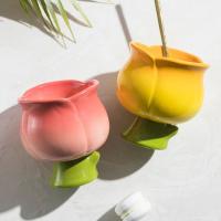 Creativo tulipanes irregulares exprimidos a mano flor cambio gradual de color taza de helado de cerámica linda taza de helado pintada a mano regalo - details 1