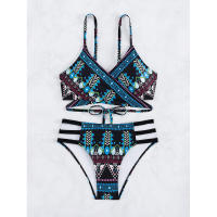 Traje de baño de dos piezas con lazo cruzado frontal para mujer, traje de baño de bikini sexy estampado de estilo étnico - details 25