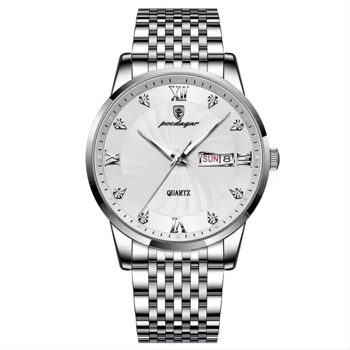 Reloj de Pulsera Luminoso Impermeable POEDAGAR Diseño de Calendario de Cuarzo con Correa de Acero Inoxidable Regalo Perfecto para Hombres, Papá, Amor Joyería de Gafas de Sol - 1