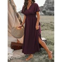 Vestido largo de verano 2024 de color sólido con cuello en V, manga acampanada, cintura elástica, adelgazante y con abertura. - details 24