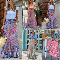 Faldas florales de calle de verano para mujer, cintura elástica, maxifalda con volantes, estampado Azul S - details 0