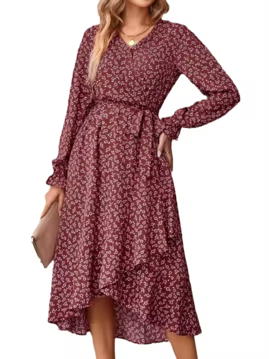 Elegante Vestido Midi de Moda Retro Cuello en V Floral Largo Mango para Mujeres - 1