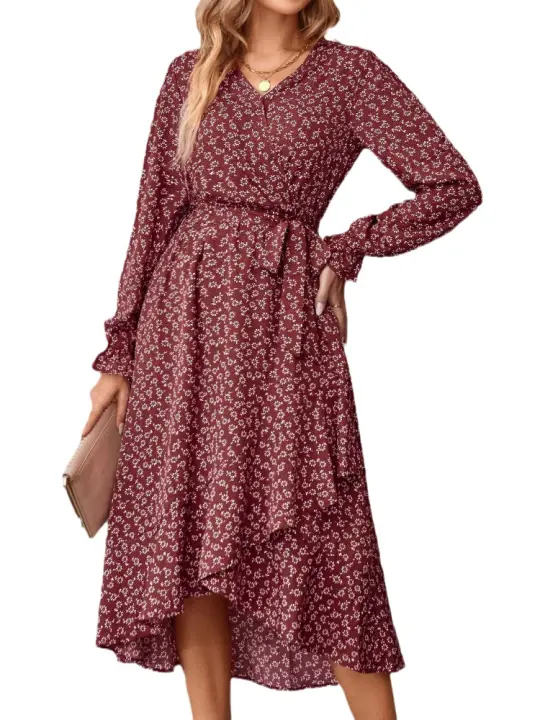 Elegante Vestido Midi de Moda Retro Cuello en V Floral Largo Mango para Mujeres - 1