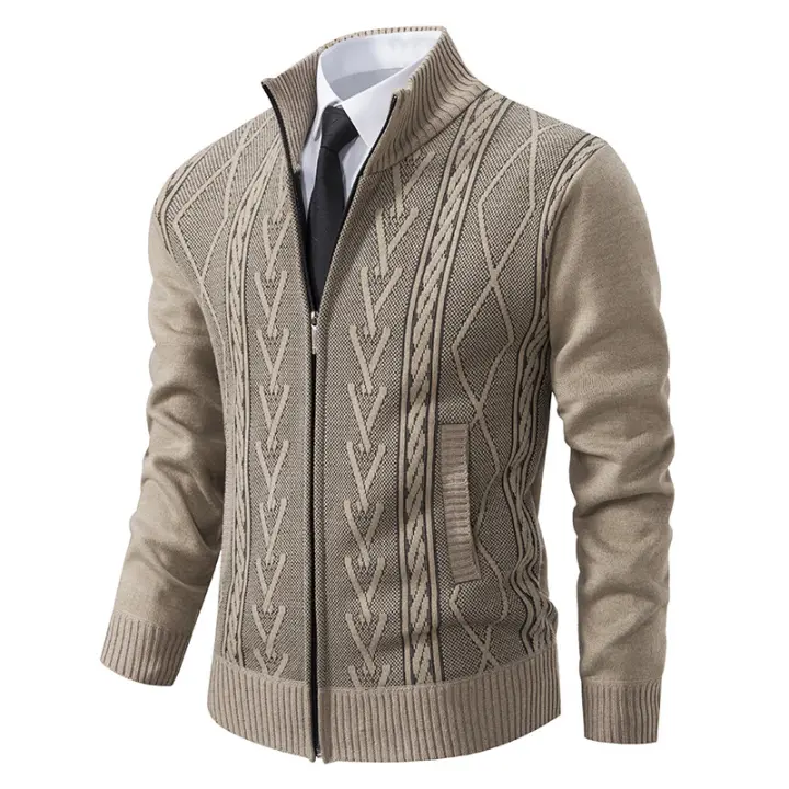 Chaquetas gruesas de moda para hombre, cárdigan con cuello levantado de lana, suéter para exteriores, tejido liso para mantener el calor, otoño e invierno - 1