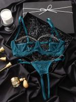 Conjunto de lencería de encaje floral erótico, sujetador abierto transparente y tanga con cadena, lencería sexy y ropa interior - details 5