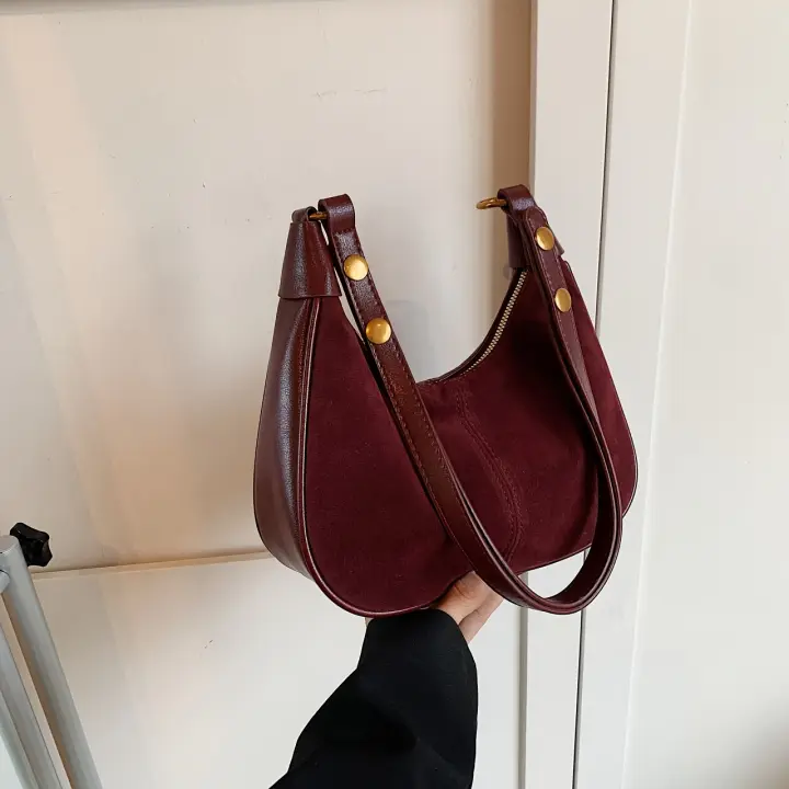 1 bolso retro de ante para mujer, bolso de hombro y axila de gran capacidad con cierre de cremallera, tela forrada de poliéster, tema de ocasión versátil, disponible en negro, burdeos, caqui, café - 1