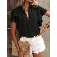 Jersey Elegante De Color Rojo Rosa Para Mujer, Blusa Informal Con Cuello En V Y Mangas Con Volantes De Doble Capa, Top De Color Sólido - details 39