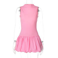 Vestido Mini Dulzura Ribbed Sin Mangas Patchwork Bollo Sólido Espalda Descubierta Cálido Club Streetwear Para Mujer - details 1