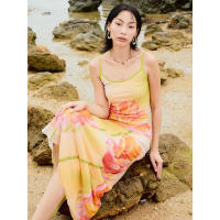 BUNO-Vestido largo sexi sin tirantes con estampado floral para mujer, vestido amarillo sin espalda de cintura alta, ropa de playa ajustada para vacaciones de primavera para mujer - details 6