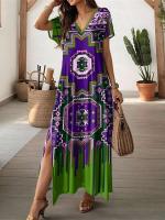 Para mujer, vestido largo con cuello en V a la moda, falda de manga corta diaria, vestidos con aberturas de estilo bohemio, ropa de verano para mujer - details 1