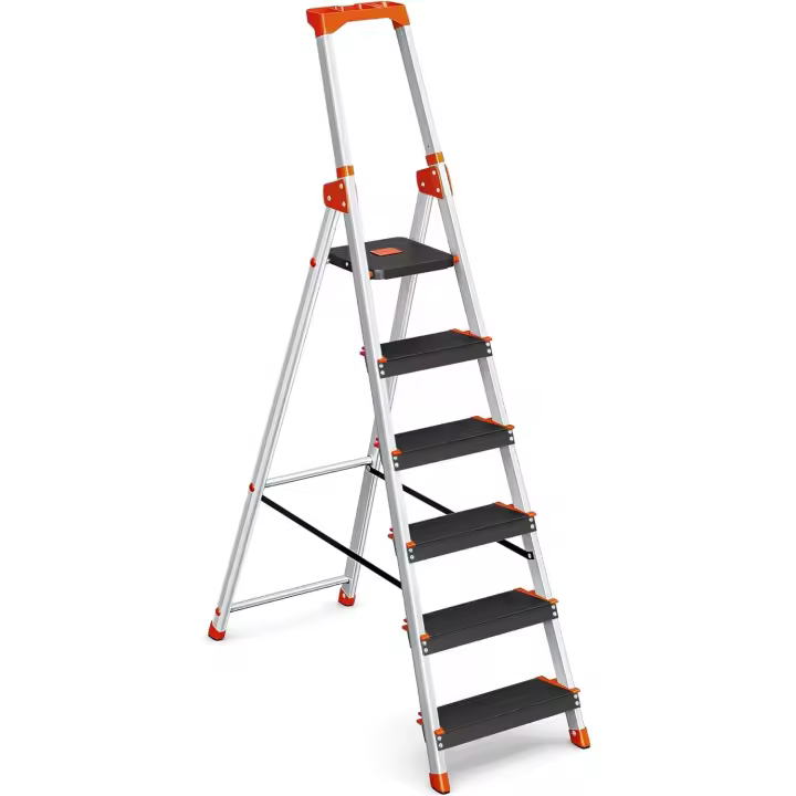 Escalera de 6 Peldaños de Aluminio Plegable, Antideslizante, Carga de 150 kg, Profundo de 12 cm, Negro y Naranja - 1