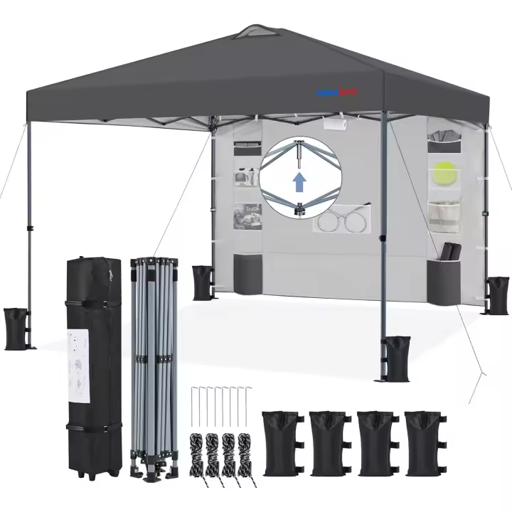 Carpa Pop-Up de 3x3M con Botón Central Pared Lateral de 9 Bolsillos de Almacenamiento, Bolsa con Ruedas y 4 Sacos de Arena para Playa, Patio, Camping y Jardín Gris Oscuro - 1
