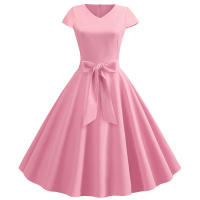 Women summer vintage with belt short sleeve v neck elegant retro swing party dresses - details 2