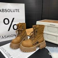 Botas Martin de cabeza grande de cuero europeo para mujer, nueva solapa retro, dos botones de desgaste, botas muffin amarillas grandes de suela gruesa, botas de herramientas - details 1