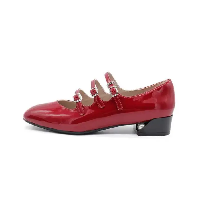 2024 tacones altos de mujer rojos Mary Jane de sección media de charol de tres botones - 1