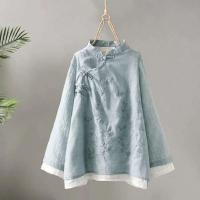 Algodón en mujer blusa estilo bordado wer patrón nudo botón cuello alto A e camisa china - details 3