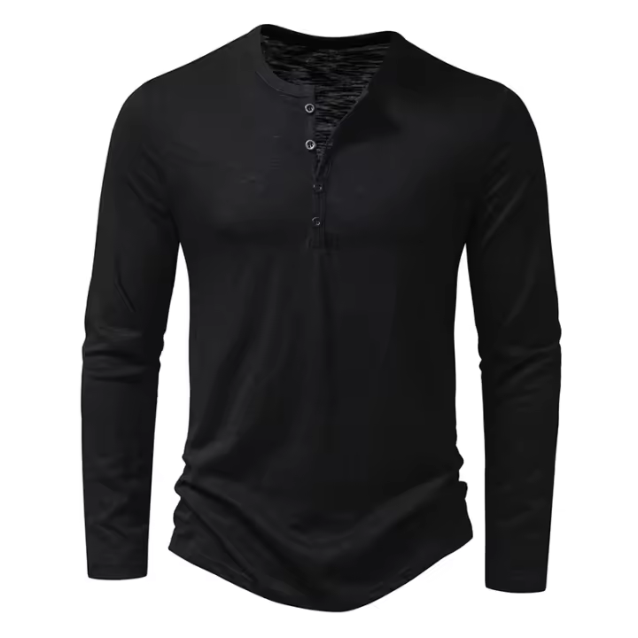 Camisa De Algodón Para Hombre Con Botones Cuello Henley Manga Larga Casual Color Sólido Moda Camisetas Transpirable Ligera Y De Wicking De Humedad - 1