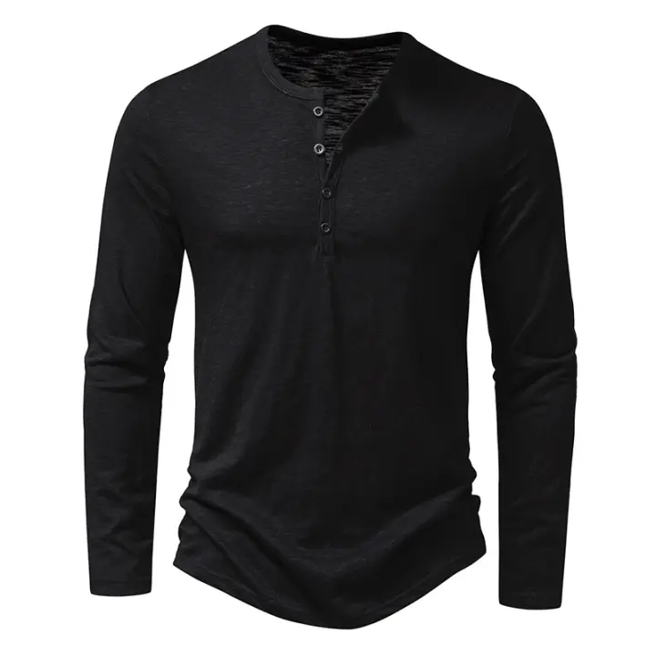 Camisa De Algodón Para Hombre Con Botones Cuello Henley Manga Larga Casual Color Sólido Moda Camisetas Transpirable Ligera Y De Wicking De Humedad - 1