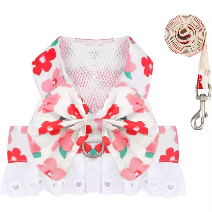 Conjunto de arnés y correa para perro pequeño, bonito, sin tirones, Floral, con pajarita - 1