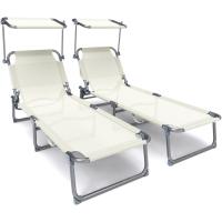 2 Tumbonas Plegables con Sombrilla, Playera Reclinable 4 Posiciones, Estructura Acero y Tejido Textileno, Peso Máx Soportado 110kg para Piscina, Jardín, Playa 190x58x27cm, Beige - details 0
