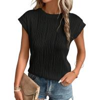 Camisetas con textura de manga corta para mujer, camisetas básicas informales holgadas de punto con cuello redondo, blusas - details 30