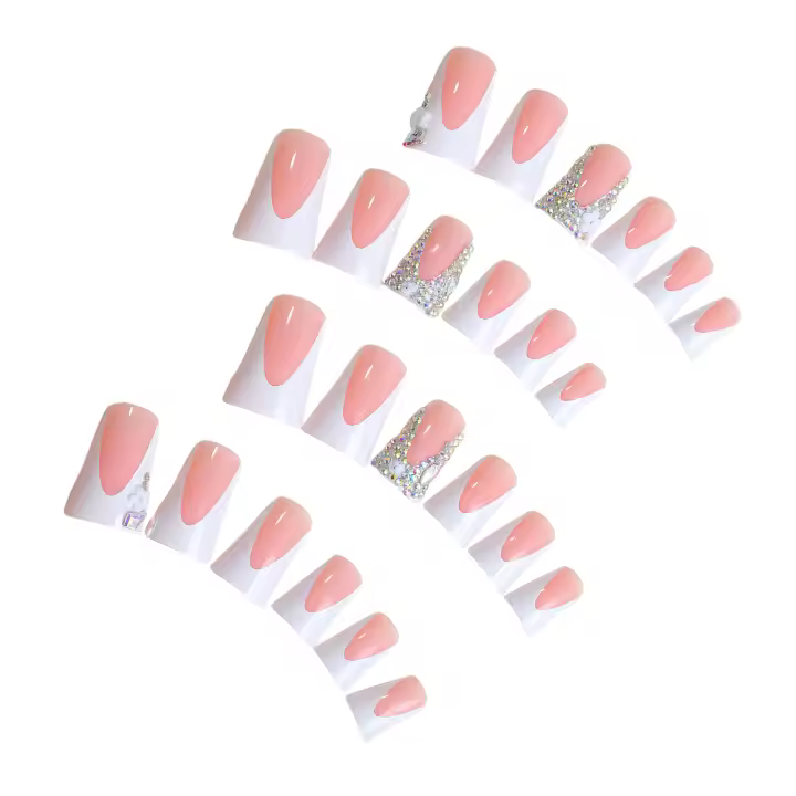 24 Uds., uñas de pato con puntas francesas blancas, diamantes de imitación brillantes, reutilizables, para mujeres y niñas, salón de uñas en casa - 1