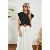 BUNO-2025 Tops para mujer, pantalón corto informal de moda de verano, camisetas básicas con textura a rayas de Color sólido y cuello redondo - details 37