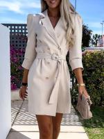 Vestido de chaqueta de traje con cuello estampado de manga larga cómodo y elegante a la moda para mujer con cinturón - details 2