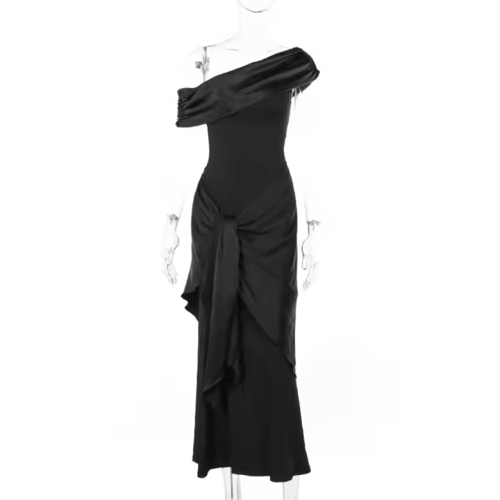 Vestido de un solo hombro de malla de hilo streamer vestido estilo ins nuevo temperamento delgado vestido negro YJ23706 - 1