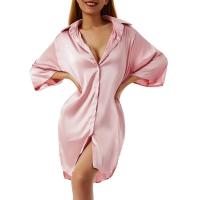 Pijamas de mujer de color liso, media manga con una hilera de botones, ropa de dormir informal de satén suelta - details 7
