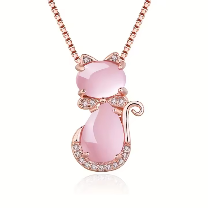 Collar colgante de gato de cristal rosa, cadena larga, joyería de fiesta, regalo de cumpleaños - 1