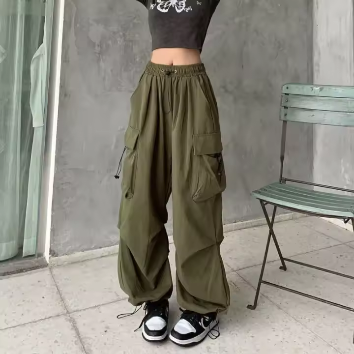 Pantalones Casuales para Mujer 2024 Cintura Baja, Ancho y Bolsillos, Estilo Callejero Oversize - 1