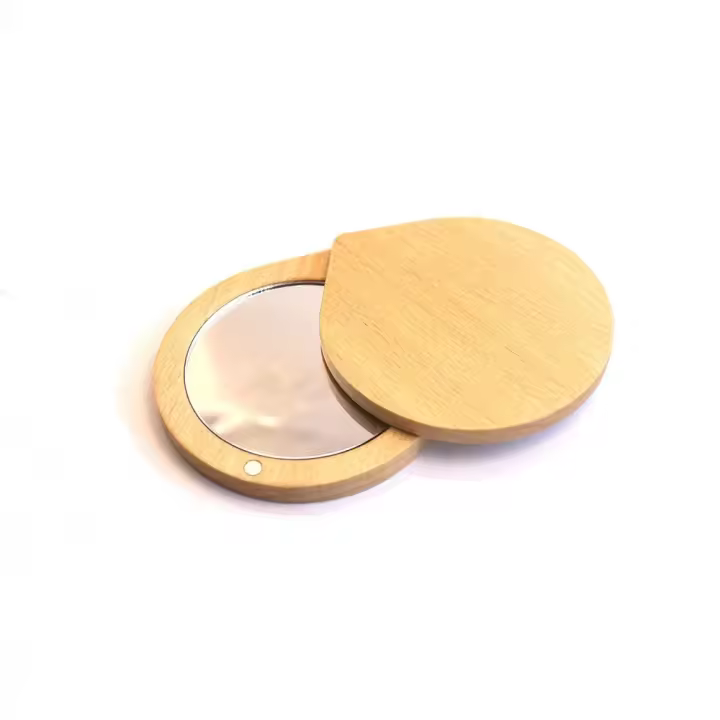 Mini espejo de maquillaje de madera de nogal negro, espejo cosmético giratorio plegable, espejo de bolsillo compacto de mano redondo - 1