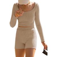 BUNO-Conjunto de ropa de estar por casa para mujer, tops ajustados de manga larga y pantalones cortos de motorista, 2 piezas, verano, 2025 - details 64