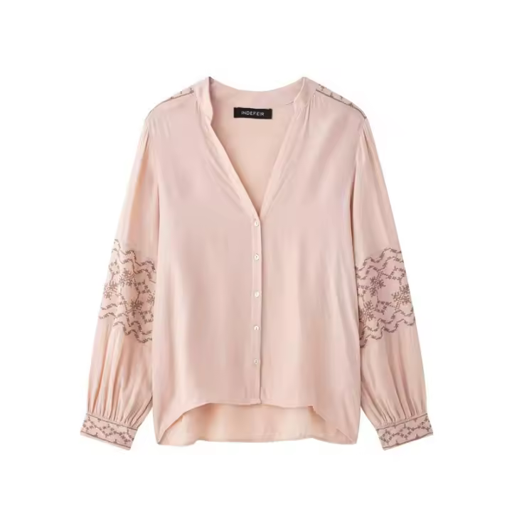 OUWU- Moda Para Mujer, Blusa Rosa Bordada Con Una Botonadura, Camisas Vintage De Manga Larga Con Cuello En V Para Mujer, Camisas Elegantes Para Mujer - 1