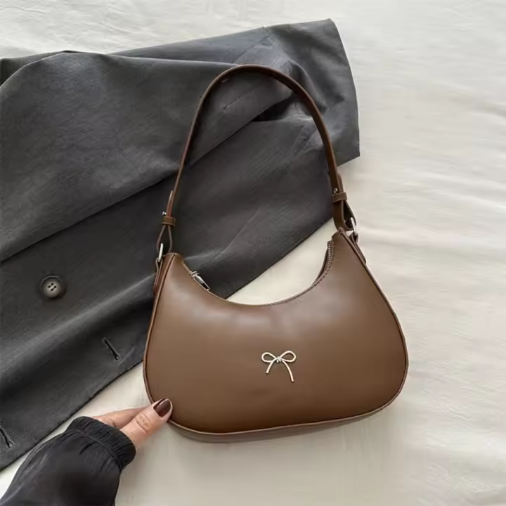 Nuevo diseño de moda, bolso para axila con lazo, bolso de cuero PU coreano con lazo para axila, bolso de mano Y2K de Color sólido para mujer - 1