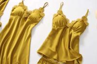 Conjunto de pijama de 5 piezas para mujer, ropa de dormir de satén Ence, suéter con cuello en V, albornoz de primavera - details 11
