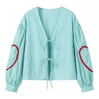 BUNO-Tops a cuadros para mujer, ropa y2k con cuello en V y corazón, blusa holgada de manga larga con lazo frontal abierto, ropa de calle de los años 2025 - details 4