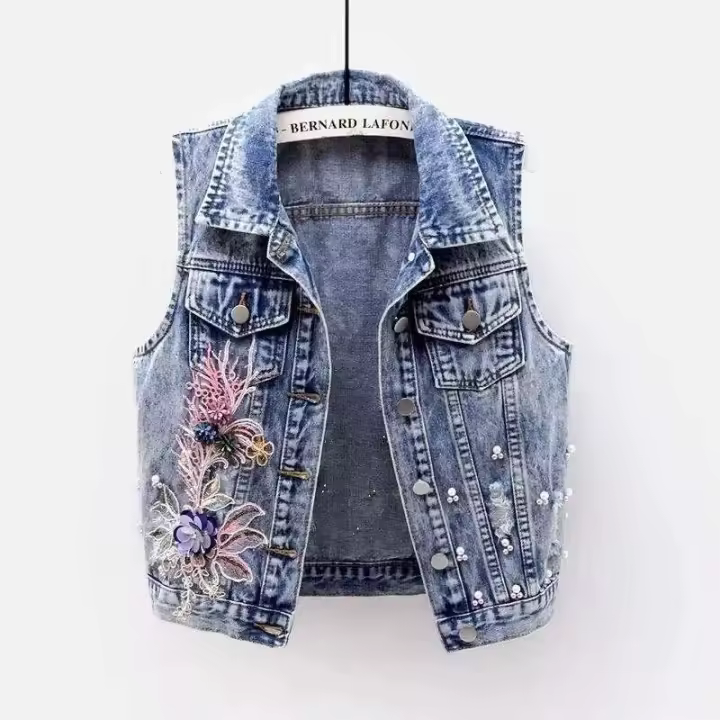 Chaqueta Corta Bordada para Mujer Chaleco Denim Perforado con Cuentas Moda de Abrigo Exterior para Niñas 2024 - 1