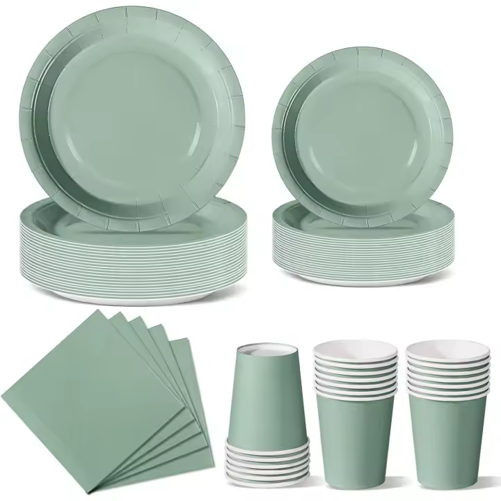 96 Piezas Verde Hierba Vajilla Fiesta Cumpleaños, Platos y Vaso Cumpleaños Infantil, Set de Party Decor Platos Desechable Servilletas para Navidad, Barbacoas, Fiestas -24 Invitado - 1