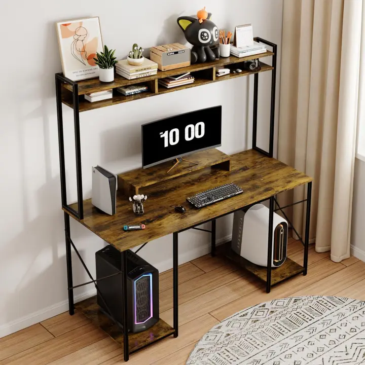 Ordenador, Secretaria Escritorio de Juego con estantería y Soporte y Estante de Almacenamiento, Mesa Gaming Ergonómico para Salas de Oficina 120x60cm Marrón - 1