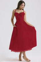 Vestido midi de satén con tirantes finos para mujer, abertura frontal, ahuecado, con bolsillos - details 50