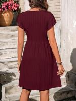 Nuevo vestido de manga corta elástico con cintura con botones y cuello en V para mujer - details 20