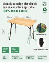 Mesa de Camping Plegable de bambú de 100 x 72 cm para 4 a 6 Personas, Marco Estable de Aluminio, 3 Alturas Ajustables con Bolsa de Transporte para jardín, Picnic, Camping - details 39