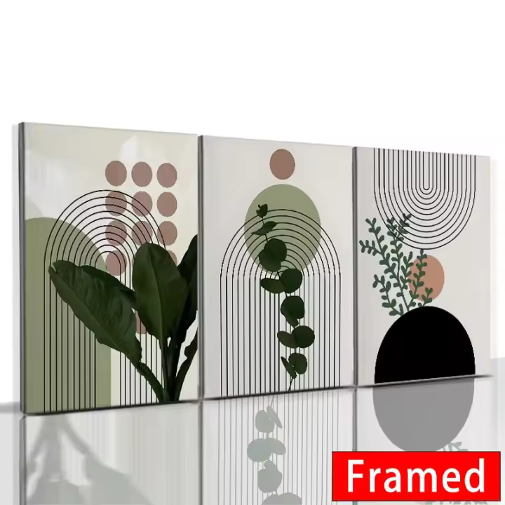 Cuadro de Pared en Lienzo Bohemio 3pcs con Marco de Color Verde Mantillo Nórdico Abstracto Geométrico con Hojas de Plantas Posters Decoración para Dormitorio y Hogar Marca DHROOM - 1