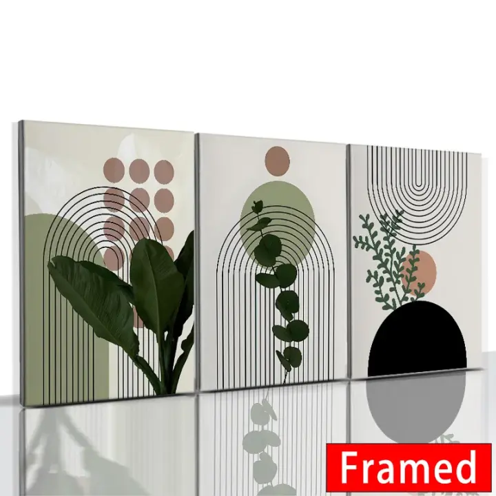 Cuadro de Pared en Lienzo Bohemio 3pcs con Marco de Color Verde Mantillo Nórdico Abstracto Geométrico con Hojas de Plantas Posters Decoración para Dormitorio y Hogar Marca DHROOM - 1