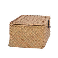 Cesta de estante de almacenamiento hecha a mano con tapa, organizador de maquillaje tejido de ratán Rectangular, contenedor multiusos, caja Natural - details 2